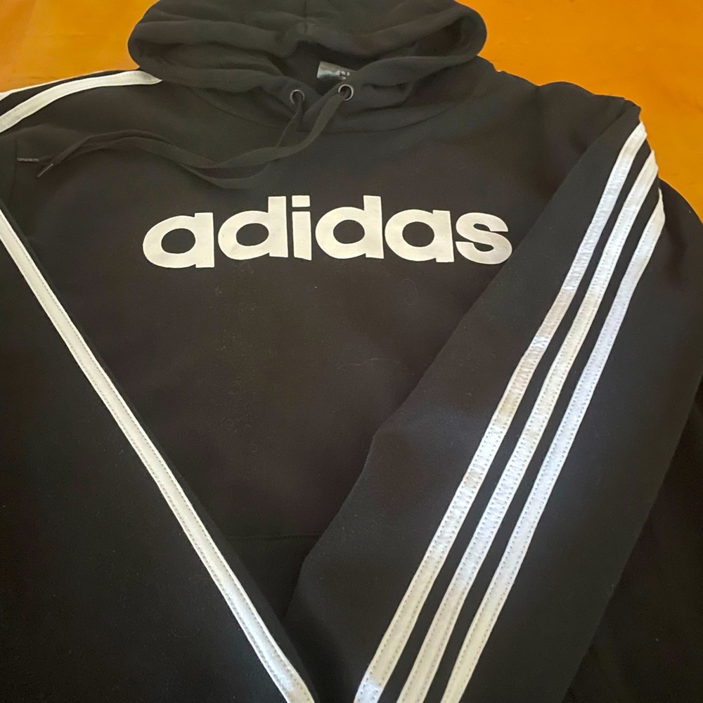 Men’s Adidas Black Hoodie with White Stripes on Sleeves